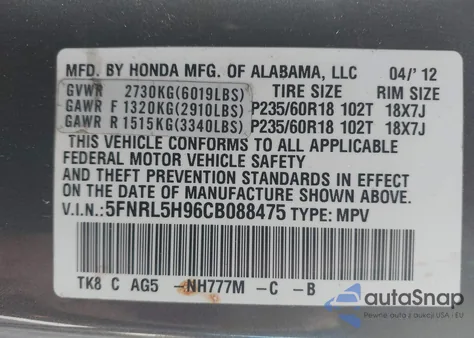 2012 Honda Odyssey Touring/Touring Elite from USA, damaged, VIN 5FNRL5H96CB088475